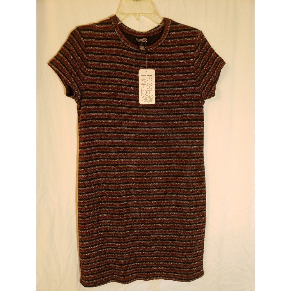 Women's Rosie Harlow Black Striped Sparkle Short Sleeve Dress Size M